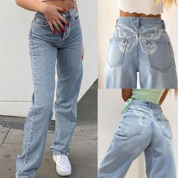 Calças femininas cintura alta perna larga moda borboleta impressão jeans retos casual versátil lavado denim calças