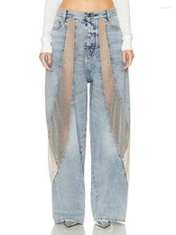 Pantalon féminin jean large à lames à taille haute épissage de forage laser à maille transparente