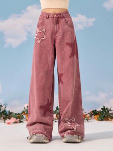 Pantalons pour femmes Taille haute Jeans droits Pantalons larges Pantalons Alt Vêtements Y2K Coréen Vintage Femmes Mode Streetwear Casual Red Star Baggy