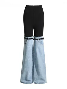 Pantalon féminin appuyant sur la couleur patchwork denim large jambe féminine haute taise décontractée bouton plat lâche