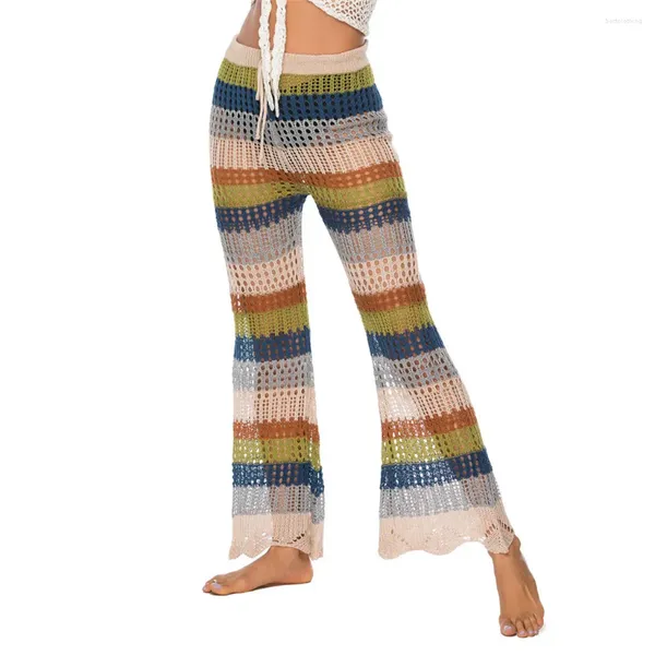 Pantalon femme ajouré multicolore queue de poisson jambe large tricoté crochet à main entrelacé pantalon évasé plage Sexy ample dame