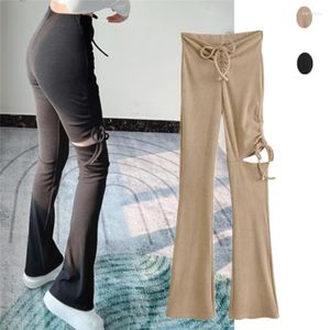 Pantalon féminin Hong Kong Style haute taille plissée Shoelace Bell-Bottom Casual Cust Out élégant Slim Fit Bootcut Chic