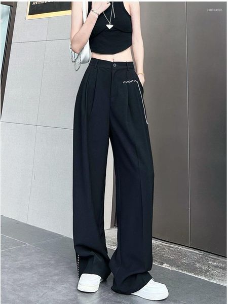 Pantalones de mujer HOUZHOU Traje ancho negro Mujer Cintura alta Casual Estilo coreano Chic Plisado Pantalones de gasa Baggy Gótico Moda femenina