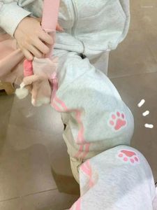 Pantalon Femme Houzhou Harajuku Kawaii Rose Stripes Pantalons de survêtement Femmes Style Japonais Doux Mignon Chat Broderie Pantalon Doux Gril Y2k 2024