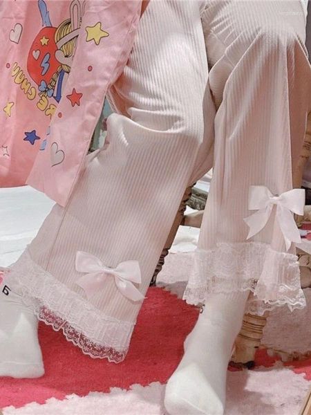 Pantalon Femme Houzhou Mode japonaise Lolita Kawaii Taille haute Corduroy Femmes Sweet Bow Dentelle Large Jambe Grily Y2K Pantalon lâche