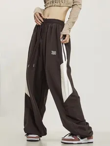 Pantalon Femme Houzhou Vintage Casual Brown Pantalon de survêtement Patchwork Y2K Streetwear surdimensionné côté rayé sport femme pantalon large jambe
