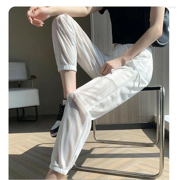 Pantalon de femmes Mesh de soie glaciaire bordé la jambe large droite pour les femmes 2024 Style d'été Protection solaire Cool Slit Casual