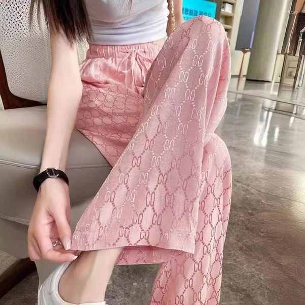 Pantalon féminin Ice Silk Ligne large 2024 Summer High Taies Straite Loose Suncreen Jacquard Casual Floor-Mopping