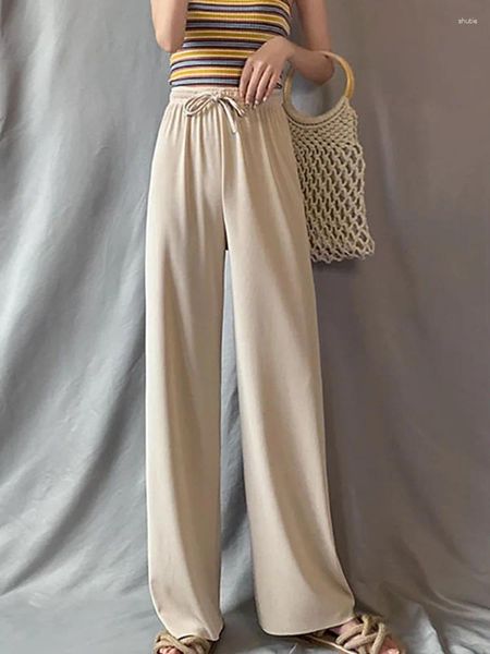 Pantalon en soie glacée pour femmes, jambes larges, robe d'été, taille haute, longue, décontractée, ample, mince, vêtements élastiques, 2024