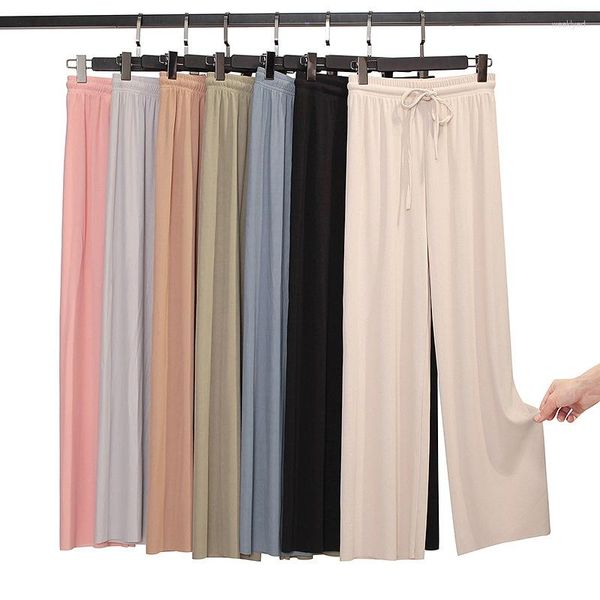 Pantalon d'été en soie glacée pour femmes, jambes larges, taille haute, sensation pour filles, jupe droite à neuf Points, pantalon Long fin, couleurs