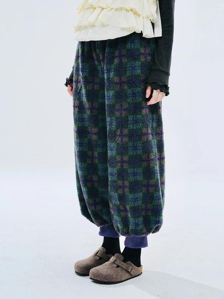 Pantalon femme Imakokoni2023 automne et hiver Original vert Plaid laine d'agneau rétractable 234408