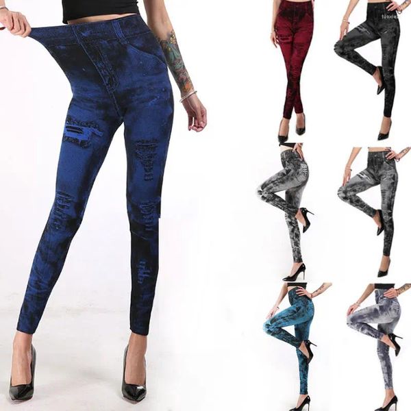 Pantalones de mujer Leggings de mezclilla de imitación Super elásticos Noveno estampado Jeans de imitación Lápiz casual de cintura alta