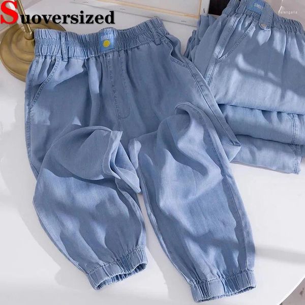 Pantalones de mujer imitación denim verano delgado de gran tamaño 145 kg de cintura alta spodnie casual seda de seda de seda pantalones holgados jogger jogger pantalón