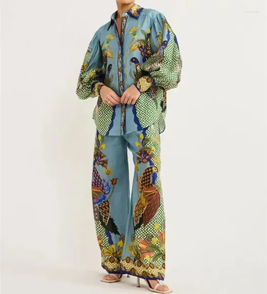 Ensemble deux pièces pour femmes, pantalon imprimé fleurs d'oiseaux, manches lanternes, chemises à revers, taille haute, costume évasé pour tenues