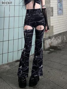 Damesbroek InsDoit Gothic Hollow Out Black Flare Punk Cross Mental Print Broek Straat Harajuku Skinny Sexy Transparante Vrouwen