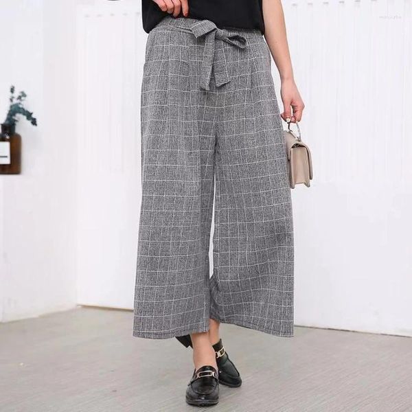 Pantalon femme style lolita japonais femme jambe large taille élastique abricot gris plaid pantalon ample mignon kawaii étudiant