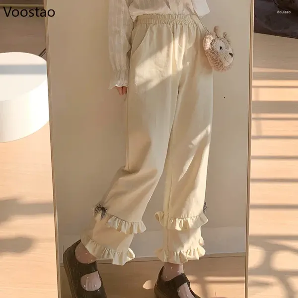 Pantalones de mujer japonés dulce Lolita cintura alta Casual Kawaii Bowknot volantes pierna ancha niñas Vintage ropa suelta lindo pantalones