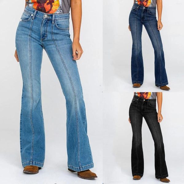 Pantalon féminin Jeans Femmes Couleur solide Flare élastique lavée effilochée denim plus taille plus vintage rétro en détresse droite