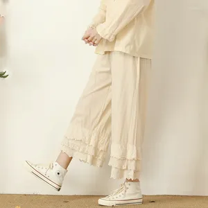 Pantalon femme Johnature été japonais dentelle superposée douce femmes 2024 décontracté taille élastique coton longueur cheville jambe large