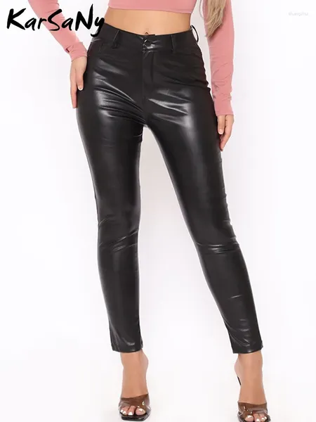 Pantalon féminin Karsany Black Faux Leather High Waited for Women Streetwear Vintage Straight Legrs Pants d'hiver Automne Pu