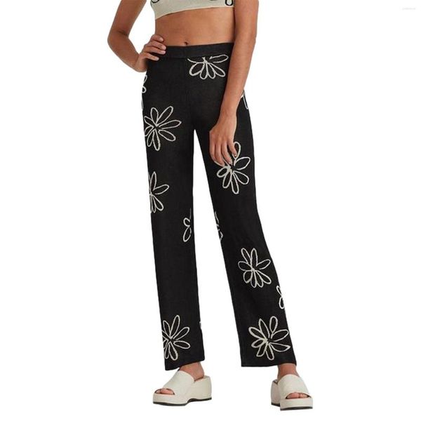 Pantalon féminin tricoté y2k beige large jambe femme informelle à la taille haute et à la mode floral 2023 Été noir imprimé vintage long pantalon lâche