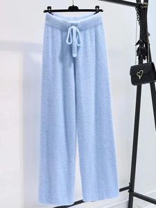 Pantalon féminin tricoté imitation Mink en peluche coréenne Fashion large pantalon de jambe se déroulant Fallcasual Couny Color Straight Pantalon Z41