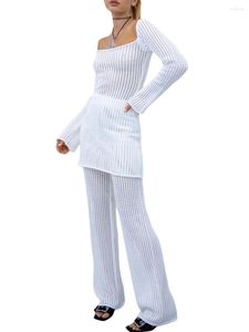 Pantalones de mujer de punto Color sólido cintura alta Casual fiesta calle Primavera Verano playa largo blanco pierna recta