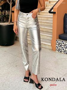 Pantalon Femme Kondala Streetwear Argent PU Femmes Taille Haute Poches Pantalon Droit Mode 2023 Y2K Fille Brillant Femme