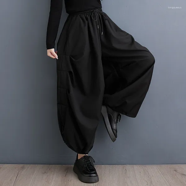 Pantalones para mujer Corea Estilo japonés Cintura alta Pliegues Negro oscuro Chic Lady Primavera Pierna ancha Calle Moda Mujer Otoño Casual Harem