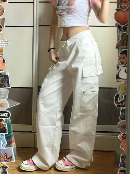 Pantalones para mujer Pantalones de carga blancos ocasionales coreanos Mujeres Y2K Streetwear Oversize Cintura alta Flanging Pierna ancha Hippie Harajuku Pantalones rectos