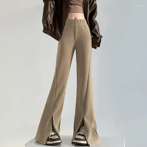 Pantalon Femme Coréen Corduroy Femmes Micro Flare Rembourré Épaissi Chaud Fente Ouverte Pantalon Mode Solide Chic Taille Haute Hiver
