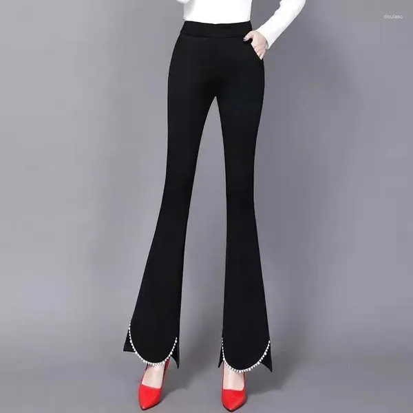 Pantalones de mujer Moda coreana Elegante Mujer Slim Cintura alta Flare Primavera Otoño Todo fósforo Banda elástica Rebordear Pantalones casuales negros