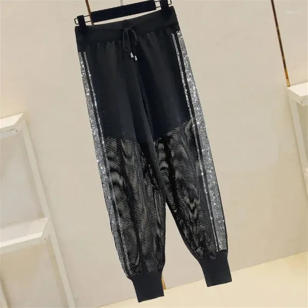 Pantalones de mujer moda coreana Harajuku pantalones de mujer verano taladro mujer Casual suelto tejido Haren salvaje sólido pantalones de chándal negro