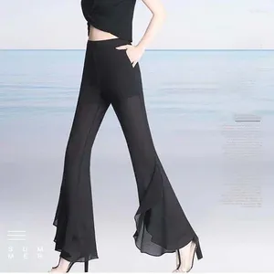 Pantalones para mujer Moda coreana Cintura alta Acampanada Mujeres 2023 Verano Pantalones negros delgados delgados Diseño Gasa Volante Drapeado Lady Bell-Bottoms