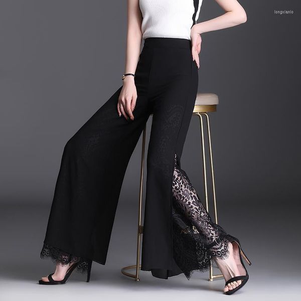 Pantalones de Mujer moda coreana cintura alta pierna ancha Mujer negro gasa encaje Split Pantalones 2023 verano Casual Pantalones sueltos Mujer
