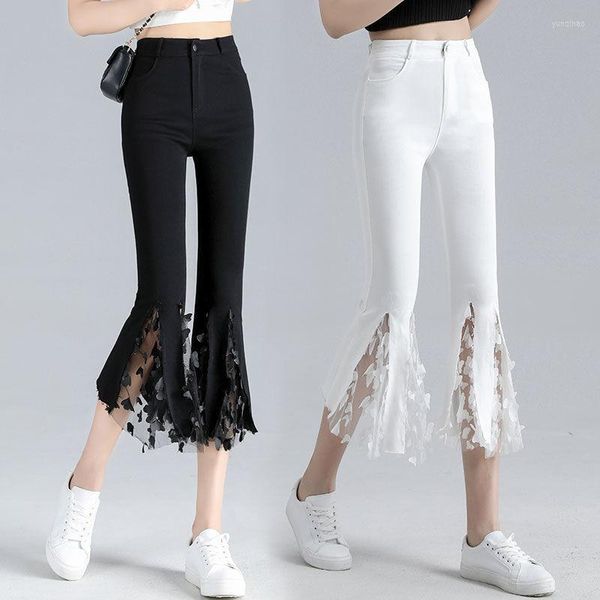 Pantalones de mujeres de moda coreana pantalones pantalones de encaje de la cintura altas calles acampanadas elásticas delgadas harajuku pantalones capris mujer