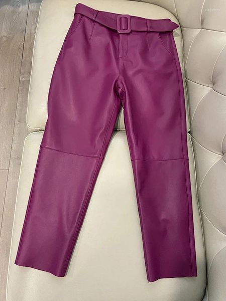 Pantalons pour femmes mode coréenne en cuir femmes 2024 printemps automne véritable pantalon streetwear avec ceinture bureau dames