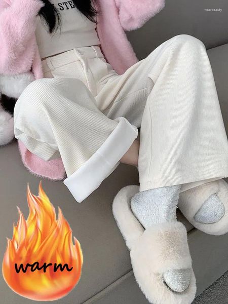 Pantalones de mujer Moda coreana Engrosar la pana cálida del pantalón de la cintura altas del invierno del terciopelo