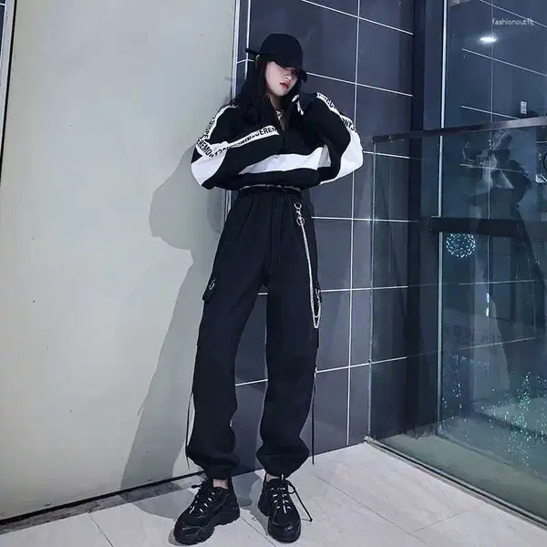 Pantalons pour femmes coréennes belles femmes hip-hop avec chaîne taille haute jambe large