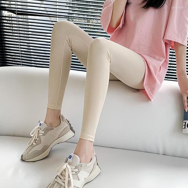 Pantalons pour femmes leggings en soie de glace coréenne vêtements d'extérieur pour femmes en abricot solide fil anti-éblouissement Skinny Spandex cheville loisirs collants de sport 2XL