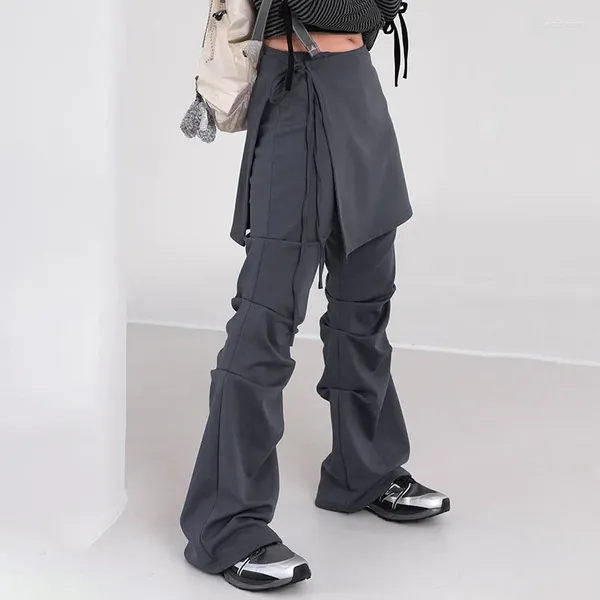 Pantalones de mujer coreanos Retro plisado Color sólido todo fósforo mujeres 2024 primavera falda de cintura alta con cordones empalmado Sexy pierna ancha delgada
