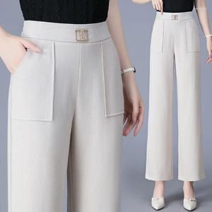 Pantalon coréen pour femmes, tempérament de printemps Simple, mode élastique, taille haute, jambes larges, poches solides, pantalon droit ample, 2024