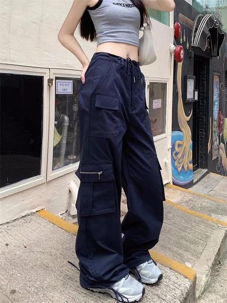 Pantalones de mujer estilo coreano Cargo mujeres Y2K Vintage cordón azul marino pantalones de gran tamaño ropa de calle Retro pantalones de chándal de pierna ancha