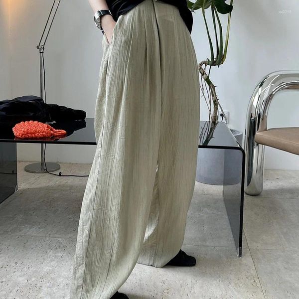 Pantalones de mujer versión coreana de los pliegues perezosos textura Vertical tapeta inclinada Casual suelta pierna ancha delgada fresca verano 2024