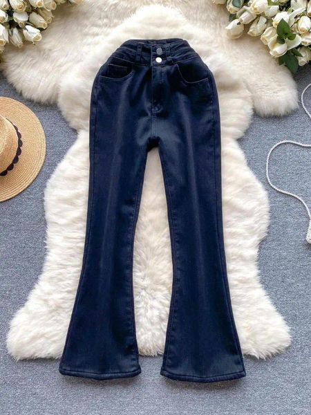Pantalon femme coréen hiver bleu chaud femmes mode mince automne évasé noir taille haute velours plus jean épais rétro streetwear