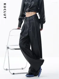 Damesbroek KUCUT Zwart leer voor dames 2023 Koreaanse mode Hoge taille Wijde pijpen Vintage casual volledige lengte Pu-broek