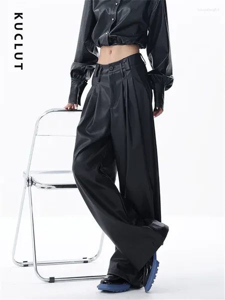 Pantalon femme Kuclut cuir noir pour femmes 2023 mode coréenne taille haute taille large jambe vintage décontracté pleine longueur pu pantalon