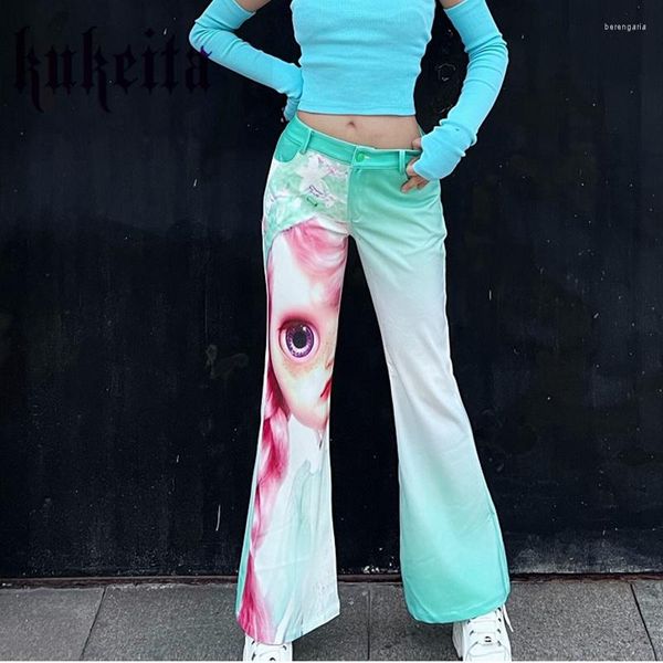 Pantalones de mujer Kukeita Harajuku Anime impreso japonés Y2k estético lindo dibujos animados cintura alta pantalones acampanados Grunge Streetwear mujeres