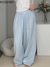 Pantalon Femme Kushikiki 2024 Printemps Coréen Stripe Plissé Taille Élastique Large Jambe Casual Mode Fille Épicée Pantalons Longs Pantalones Mujer