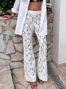 Damesbroek Koer Jacquard Flare Women High Taille Slim Flower Hollow Out Sheer White Trouser 2024 Summer Beach Holiday Casual Pant